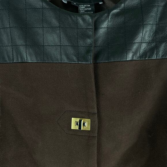 Etcetera Leather Trim Long Coat Jacket Turnlock Closure Brown Size 6 - Picture 7 of 10